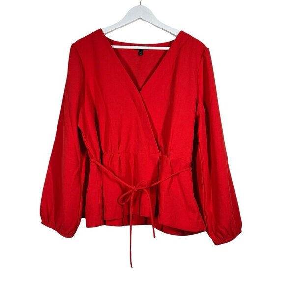 J.CREW Tops - J Crew Faux Wrap Peplum Top Size 16 Red V-Neck Long Sleeve Side Zip Belted